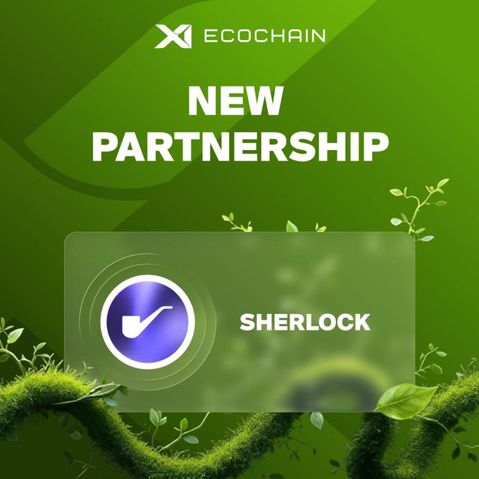 A green promotional graphic announces a 'NEW PARTNERSHIP' between Ecochain and Sherlock, featuring the Sherlock logo with a pipe icon.