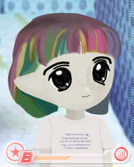 A digital portrait of a Milady NFT character with rainbow-colored hair, freckles, and large expressive eyes, wearing a shirt reading "I have extremely fringe political beliefs and am an active dissident voice in an underground online community," marking Milady #8874's sale for Ξ0.987 ($1,842).