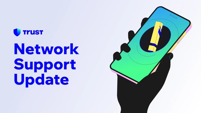 The image shows a hand holding a smartphone beside the text “TRUST Network Support Update.” It illustrates Trust Wallet’s network-support review, noting that the platform supports over 100 blockchain networks.