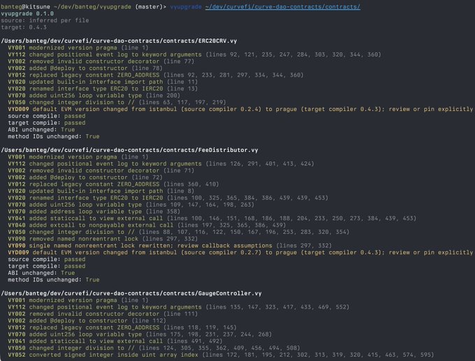 A terminal window showing the output of a 'vyupgrade' command run on Curve DAO contracts, displaying compiler version change warnings and code optimizations for ERC20CRV.vy, FeeDistributor.vy, and GaugeController.vy.