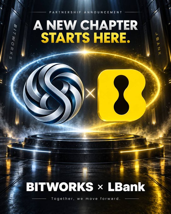A promotional graphic announcing a 'BITWORKS x LBank' partnership with the text 'A NEW CHAPTER STARTS HERE' and 'Together, we move forward.'