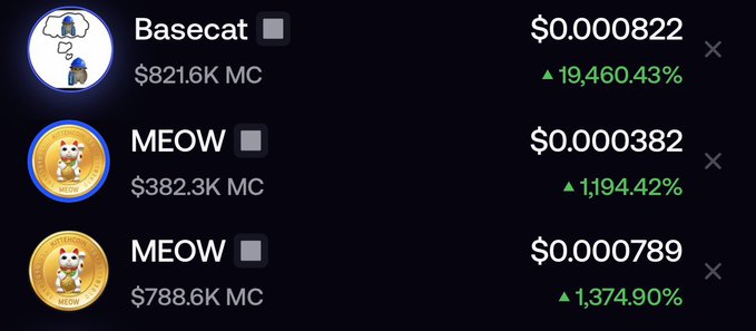 A meme coin price tracking screen displays Basecat ($0.000822, +19,460.43%) alongside two MEOW tokens ($0.000382 and $0.000789), supporting the poster's call for $MEOW and related cat-themed meme coins to drop to zero while spotlighting $Basecat as the focus.