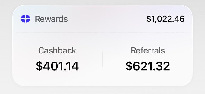 A rewards dashboard displaying $1,022.46 total, broken down into $401.14 Cashback and $621.32 Referrals.