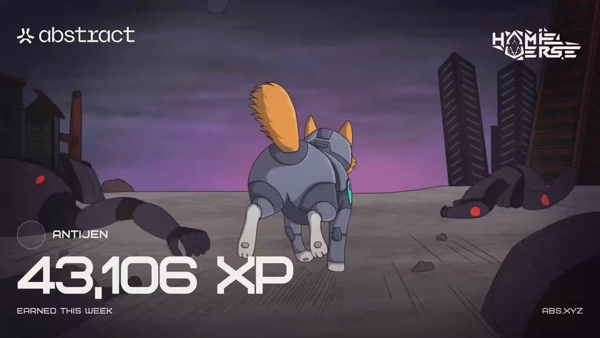 The image features a cartoon dog walking across a city street at night. The background of the image shows buildings, suggesting an urban setting. There are also red circles scattered throughout the scene, possibly representing explosions or other elements from the cartoon world. The caption on the image reads "174,855 XP left to reach Platinum Tier I. My XP card with Hamieverse! @Hamieverse & @AbstractChain". This text is related to a post about a character named Hamieverse and their XP points in the game.