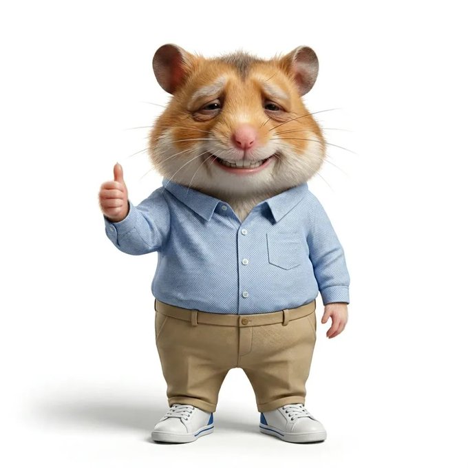 The image features a cartoon hamster dressed in a blue shirt, khaki pants, and white shoes giving a thumbs up sign with its left hand while standing upright against a white background. The caption of the image reads "Lost money on Harold @Memeland Bought Harold anyway. HAROLD HAMSTER joins the tokumei collection".
