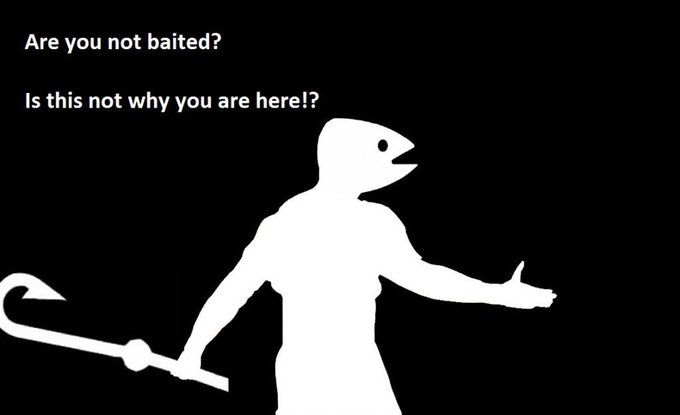 A hooded figure holding a fishing hook extends an open hand in invitation, accompanied by the text "Are you not baited? Is this not why you are here!?"—visually depicting the post's theme of someone baiting others with the promise of easy money.