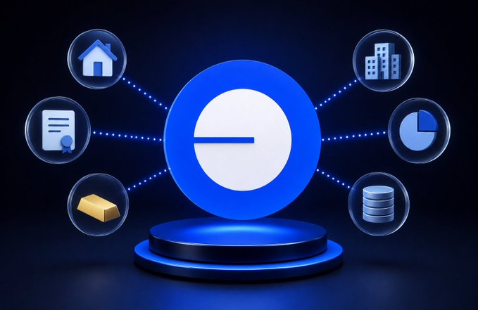 A 3D illustration of a glowing blue circular logo or token on a pedestal, connected by dotted lines to icons representing home, certificate, gold, buildings, pie chart, and database.