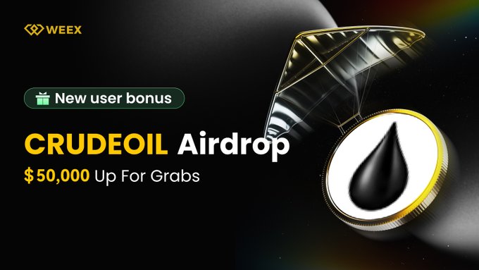 A WEEX promotional banner for a $CRUDEOIL airdrop offering $50,000 in rewards to new users, featuring a gold coin with an oil droplet and the "New user bonus" label. The image aligns with the accompanying post highlighting the $50,000 USDT prize pool, zero-fee trading, and event running July 23-30, 2026.
