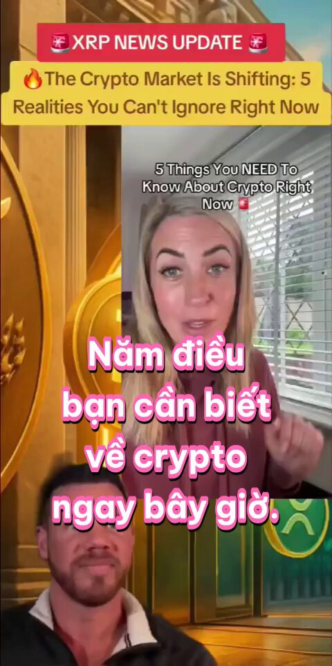 The image features a man and woman, both of whom are wearing red shirts. They appear to be engaged in an interview or discussion about cryptocurrency. The background includes a window with blinds that partially covers the view outside.