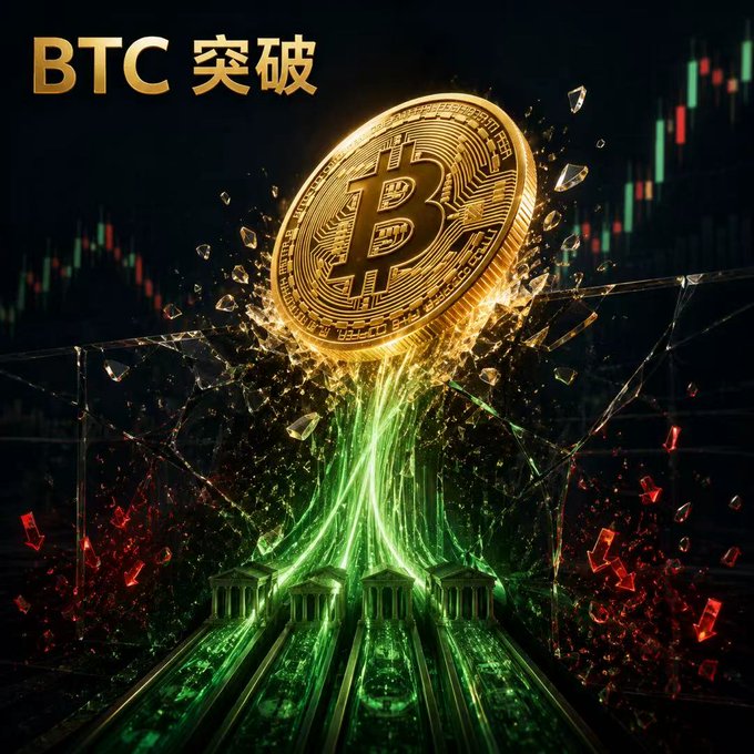 A digital illustration depicts a glowing gold Bitcoin coin bursting through a shattered barrier, sending green and red energy shards flying, with candlestick charts visible in the background. The text "BTC 突破" (BTC Breakout) appears in the upper left, visually reinforcing the post's message that Bitcoin has decisively broken through its prolonged consolidation range, surging to around $77,300 with an intraday peak of $79,194.