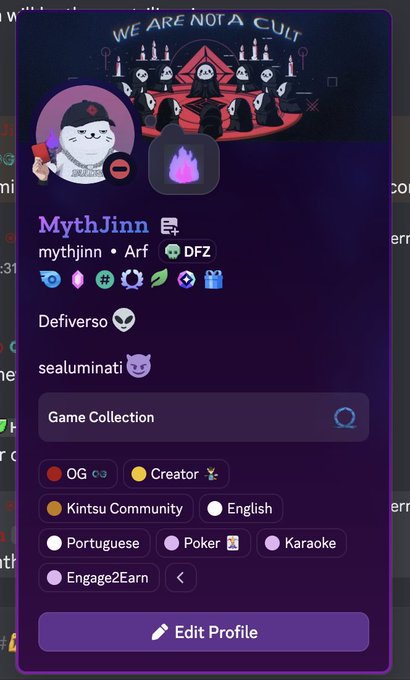 A Discord profile page for user 'MythJinn' (mythjinn) displaying the banner 'WE ARE NOT A CULT', avatar of a cartoon cat with a cigarette, and various tags including Kintsu Community, English, Portuguese, Poker, and Karaoke.