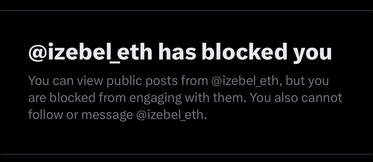 A black-and-white screenshot states “@izebel_eth has blocked you” and explains that their public posts remain visible, but the user cannot engage, follow, or message them. It provides no direct evidence about “Balance” or “Hyperliquid,” despite the accompanying post’s claim.