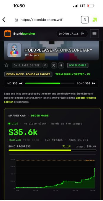 A mobile screenshot from stonkbrokers.wtf displaying a 'HOLDLEASE - STONK SECRETARY' token on Stonklauncher, showing a market cap of $35.6K with 'DEGEN MODE' bond progress at 71.1% toward a $50.0k target.