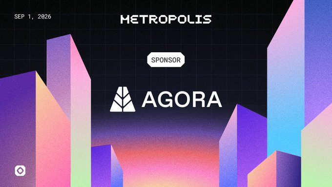 A promotional graphic for 'METROPOLIS' event dated SEP 1, 2026, featuring 'SPONSOR AGORA' against a colorful geometric cityscape.