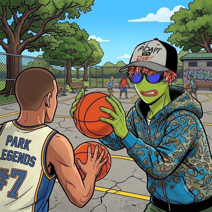 A green-skinned cartoon character wearing a black "ADAPT OR DIE!" cap, blue sunglasses, and a camo hoodie holds two basketballs while facing a player in a "PARK LEGENDS #7" jersey on an outdoor court. The vibrant comic-style artwork illustrates the community spirit of the post, as it appears to be a collaborative artistic NFT shared by creator Dorians, credited to artist @metaBRED.