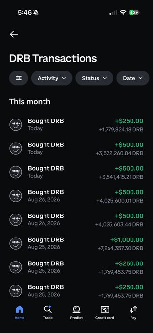 The image shows a Coinbase-style "DRB Transactions" history screen displaying multiple "Bought DRB" entries this month, with purchase amounts ranging from $250 to $1,000 and corresponding DRB token quantities in the millions (totaling over 25 million DRB). The screen relates to the post by showing substantial DRB coin accumulation through repeated purchases, illustrating the user's claim of buying 50 million grok-related DRB tokens since the Monday listing.