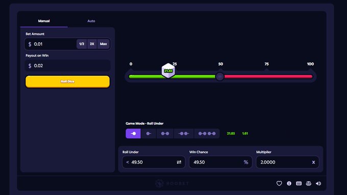 A screenshot of a cryptocurrency dice betting game interface on Roobet, showing a bet of $0.01 with a 49.50 roll under target and a 2.0000x multiplier.
