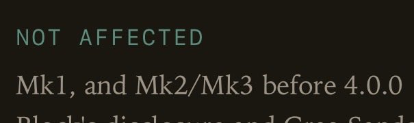 The image shows a black screen with teal text reading "NOT AFFECTED" followed by "Mk1, and Mk2/Mk3 before 4.0.0," which relates to the post by indicating that only older Coldcard hardware wallet models running pre-4.0.0 firmware are unaffected by the Trezor code fiasco.