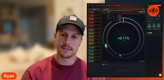 A man wearing a dark cap and red shirt speaks to the camera, with a label reading 'Ryan', alongside a dark trading interface displaying roulette-style betting options and a green '+0.11%' indicator.