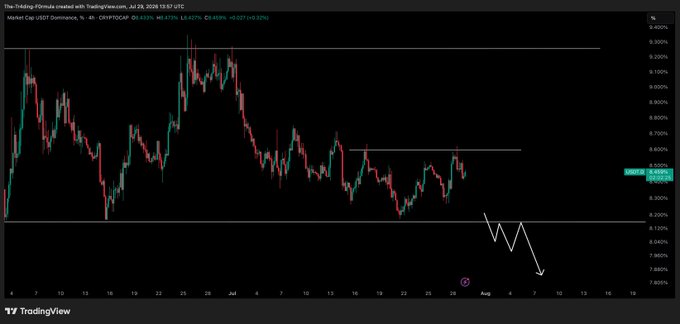 A TradingView chart of CRYPTOCAP:USDT.D (USDT Dominance) on the 4-hour timeframe shows price testing resistance near 8.45%, with a white arrow sketched on the chart pointing to a projected decline toward 7.8%—illustrating the poster's call for a dominance dump that would likely coincide with a broader crypto rally.