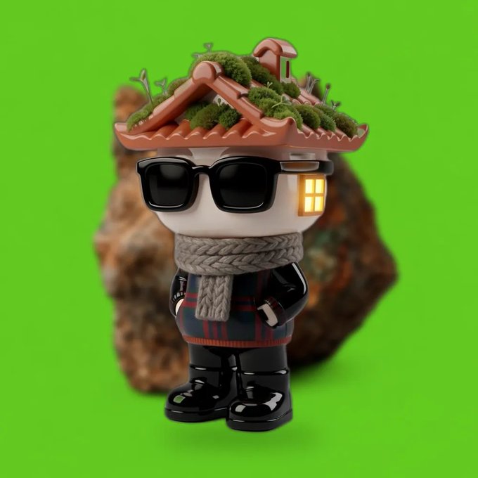 A 3D-rendered figurine of a character wearing black sunglasses, a chunky knit scarf, a plaid sweater, and black boots, topped with a mossy house roof and set against a bright green background.