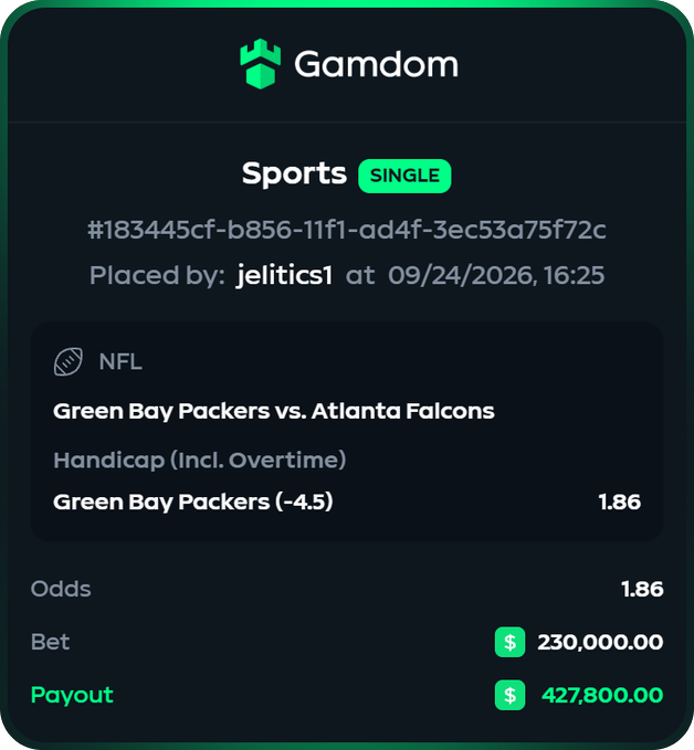 The image shows a Gamdom sports betting slip for a single NFL wager on the Green Bay Packers (-4.5) against the Atlanta Falcons, placed by user "jelitics1" on 09/24/2026 for $230,000 with a potential payout of $427,800. The post humorously expresses the user's frustration at seeing a friend bet on the opposite team (Packers) on the Falcons, joking about them being on opposing sides on their first day using Gamdom together.