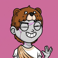 A digital illustration of a person with a smiling face, round glasses, wearing a brown bear hat and an orange shirt, making a peace sign against a pink background.