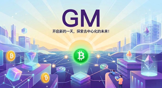A colorful digital illustration with 'GM' (Good Morning) text and Chinese characters '开启新的一天，探索去中心化的未来！' over a futuristic cityscape featuring Bitcoin logos and blockchain network imagery.