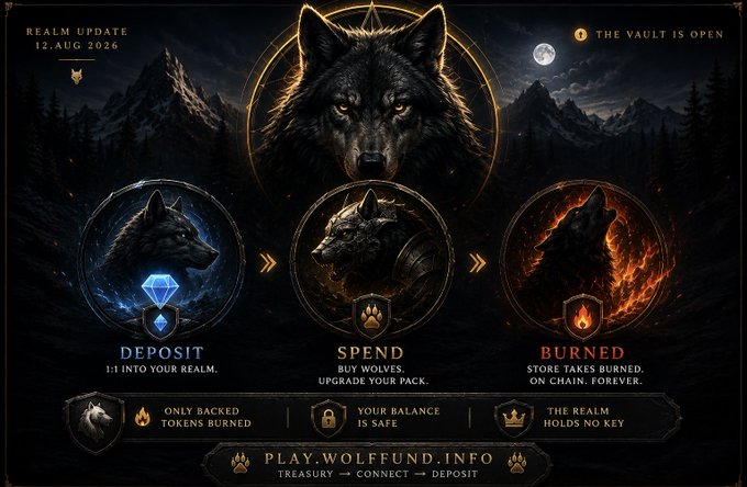 A dark fantasy-themed promotional graphic for WolfFund featuring three wolf portraits labeled DEPOSIT, SPEND, and BURNED, with text 'REALM UPDATE 12 AUG 2026' and 'PLAY.WOLFUND.INFO'.