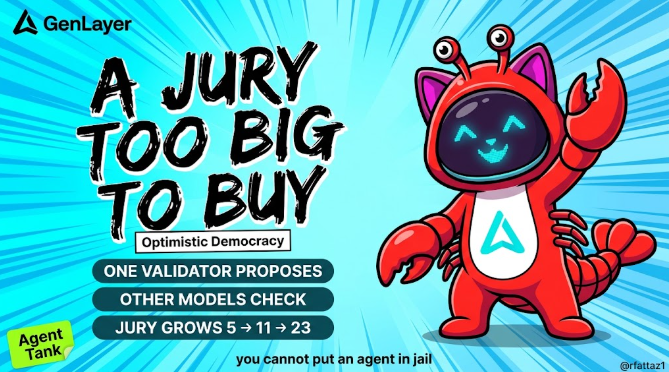 A promotional graphic titled 'A JURY TOO BIG TO BUY' features a red cartoon crab-like character with a smiling face on a screen, advertising GenLayer's 'Optimistic Democracy' with text explaining how one validator proposes and other models check, with the jury growing from 5 to 11 to 23.