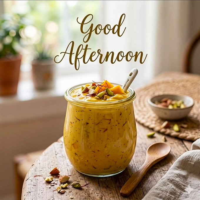 An image styled as a greeting card shows a glass jar filled with a yellow creamy dessert topped with mango and nuts, accompanied by the text 'Good Afternoon' in brown script.