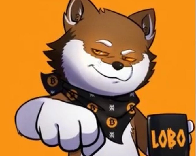 A cartoon image of a smiling fox-like character wearing a Bitcoin-patterned bandana, holding a phone displaying "LOBO" on its screen.