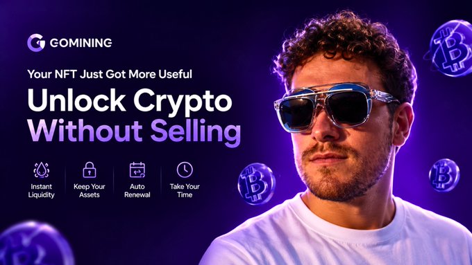 An advertisement for "GOMINING" featuring a man in sunglasses with the headline "Your NFT Just Got More Useful: Unlock Crypto Without Selling," highlighting features like Instant Liquidity, Keep Your Assets, Auto Renewal, and Take Your Time.