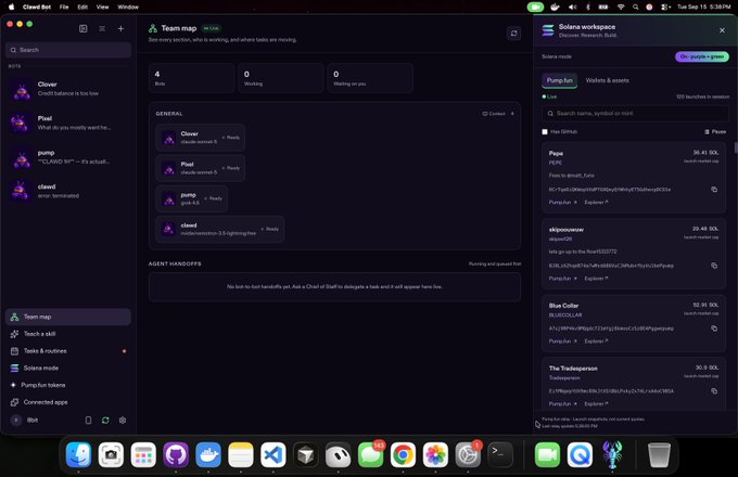 A desktop screenshot of the Claude AI interface in 'Team map' mode alongside a 'Solana workspace' panel displaying blockchain data and agent statuses.