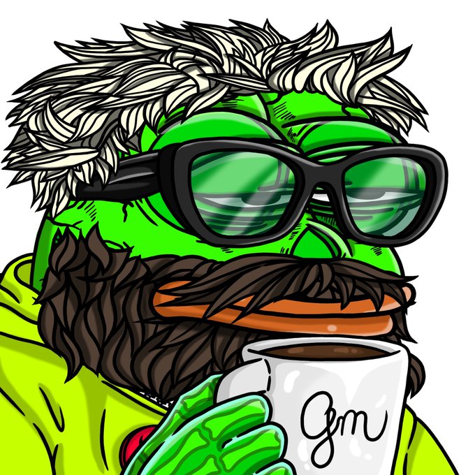 A cartoon illustration shows a green-skinned character with white hair, a bushy brown mustache, and sunglasses, holding a white mug labeled 'GM'.