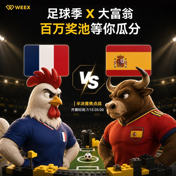 A WEEX cryptocurrency exchange promotional graphic for a football season event, featuring a France rooster and Spain bull mascot facing off in a Euro 2024 semifinal match on July 15 at 05:00, with a million-dollar prize pool.