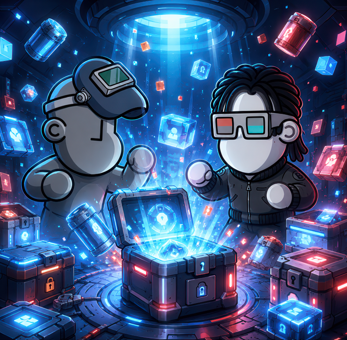Two stylized humanoid figures in a high-tech vault examine glowing blue holographic cubes emerging from a treasure chest surrounded by floating lockboxes and data fragments, visually echoing the post's theme of unlocking and upgrading "Playable Characters" through airdrop rewards tied to points, badges, and trait rarity.