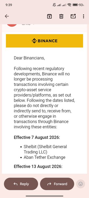 A Binance email notification states that due to regulatory developments, Binance will no longer process transactions involving certain crypto-asset service providers, with specific dates listed for Shelbit and Aban Tether Exchange.