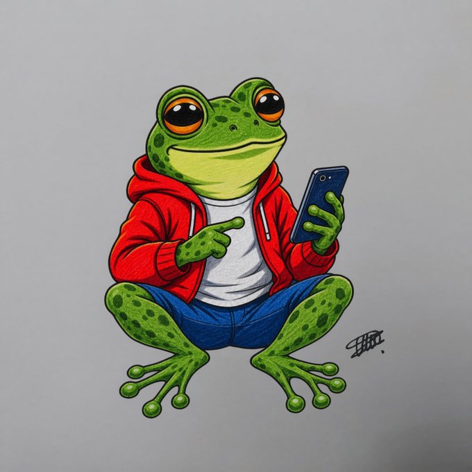 An illustration of a green frog wearing a red hoodie and jeans, sitting and looking at a smartphone.