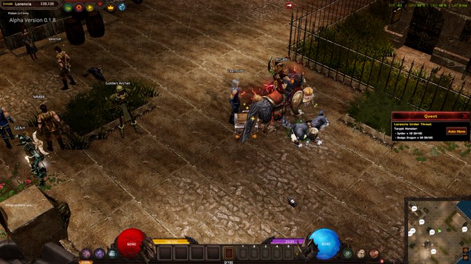 A screenshot from an isometric MMORPG showing characters gathered near a quest giver, with UI elements including 'Lorencia 139,138', 'Alpha Version 0.1.8', and a 'Lorencia Invader' reward quest.