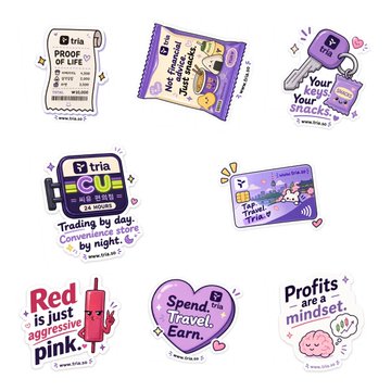 A collage of purple-themed promotional stickers with various catchy slogans including 'Proof of Life', 'No Finance, Just Snack', 'Your Keys, Your Snacks', 'Trading by day, Convenience store by night.', 'For the Team', 'Red is just aggressive pink..', 'Spend. Travel. Earn.', and 'Profits are a mindset.'