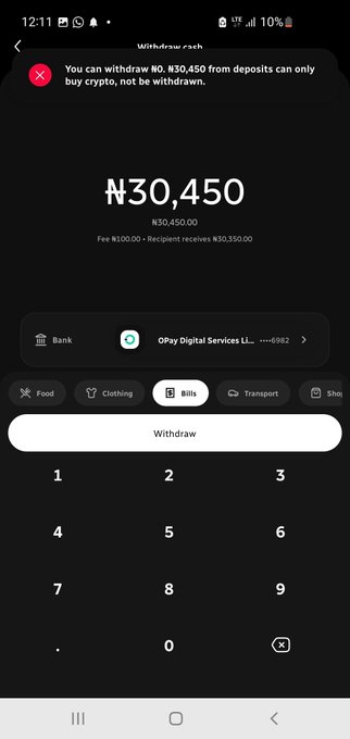 A mobile app screen showing a withdrawal attempt of ₦30,450, with a red error message stating 'You can withdraw ₦0. ₦30,450 from deposits can only buy crypto, not be withdrawn.'