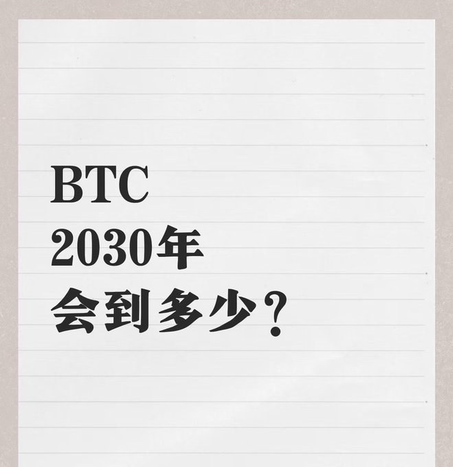 Handwritten Chinese text on lined paper reads "BTC 2030年 会到多少?" (BTC 2030 - How much will it reach?), paired with a post pondering Bitcoin's 2030 price predictions and the hype versus skepticism surrounding them.