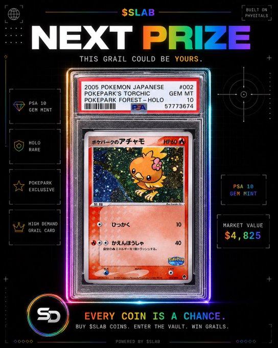 The image displays an old Pokemon card inside a clear glass case with a colorful lighted border. The background of the image shows a black and white photograph, which may represent the actual packaging or part of the game console where the card was stored. The text on the image encourages players to "Next Prize", and it highlights that this particular prize could be yours if you are among those who already won the card. A post mentions buying solar coins at $5 each would give you a chance to win more cards, and it emphasizes that every coin is indeed a possibility. This message implies that winning the reward might require investing in additional cards or joining special gaming communities for increased chances of winning.