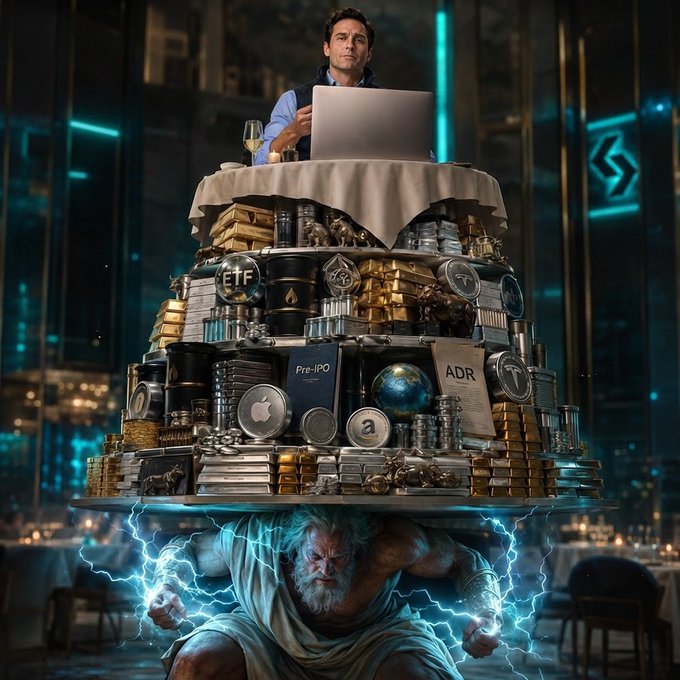 A dramatic digital artwork showing a man at a laptop atop a massive table piled with gold bars, coins, and financial symbols (ETF, ADR, Apple, Amazon, Pre-IPO), all resting on the back of a muscular Greek god-like figure crackling with blue lightning.