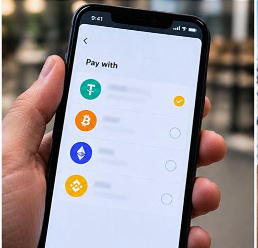 A close-up photo of a hand holding a smartphone displaying a 'Pay with' screen showing four cryptocurrency options: Tether (USDT), Bitcoin, Ethereum, and Binance, with Tether currently selected.