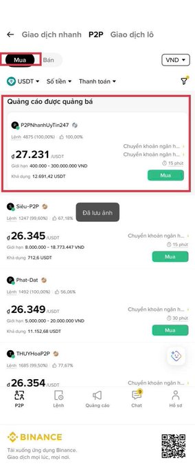 A Binance P2P trading interface in Vietnamese showing USDT purchase listings from various sellers (P2PNhanhUyTin247, Siku-P2P, Phat-Dat, THUYHoaP2P) with prices in Vietnamese Dong, highlighting a top promotional ad for 27.231 USDT.