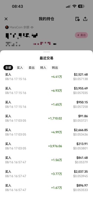 A mobile screenshot of a Chinese cryptocurrency portfolio app showing '我的持仓' (My Holdings) for MarsCoin, with a list of recent '买入' (Buy) transactions in USD amounts.