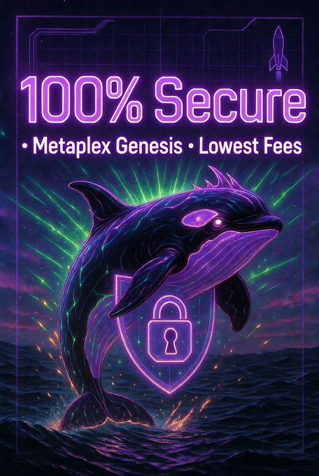 A neon purple orca leaps from glowing waves in front of a shield-and-padlock emblem, with the text "100% Secure • Metaplex Genesis • Lowest Fees" and a rocket icon reinforcing Bluprint's promise of developer-friendly security and low costs on its Solana memecoin launchpad.