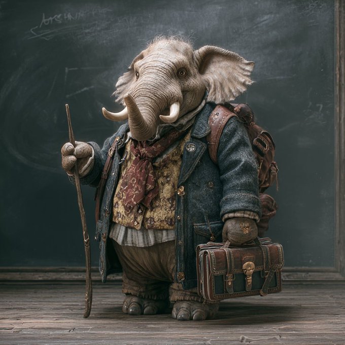 A detailed digital illustration of an anthropomorphic elephant wearing a tattered coat, backpack, and holding a walking stick and suitcase, standing in front of a chalkboard.